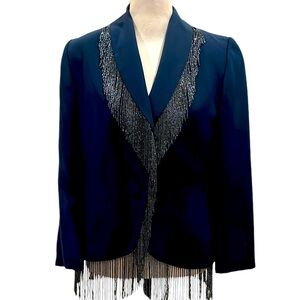 Vintage Navy Silk Blazer With Beaded Fringe Lined XS USA Evening Dressy Western